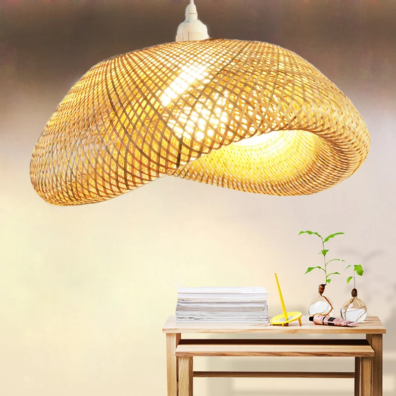 Handmade Bamboo Pendant Light Vintage Wicker Rattan Wave Shade LED Chandelier for Dining Room Bedroom Indoor Lamp