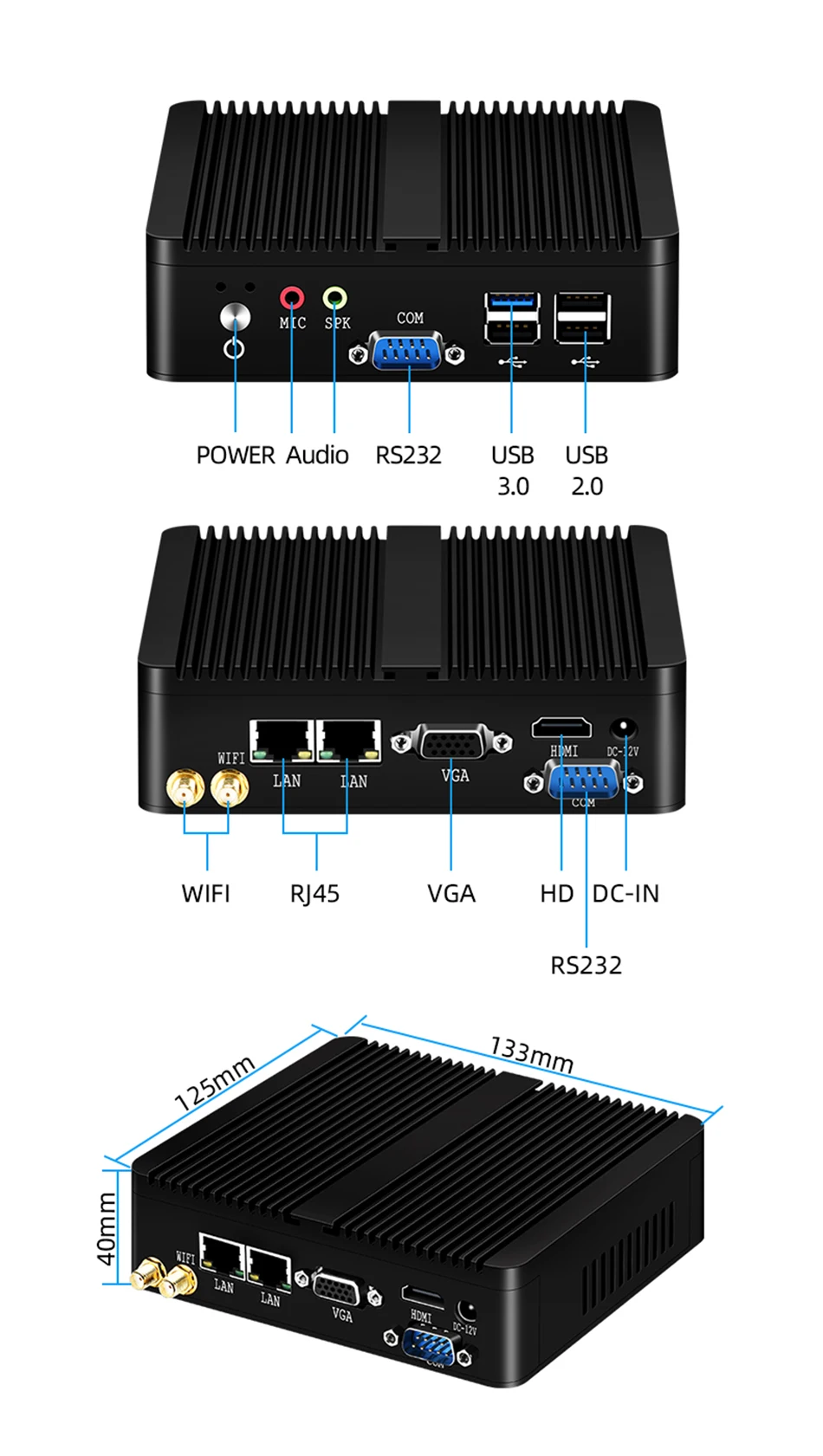 XCY Fanless Mini PC Intel Celeron J1900 Quad-Cores 2.0GHz 2x RS232 2x LAN Windows 10 Linux Embedded IoT Industrial Computer