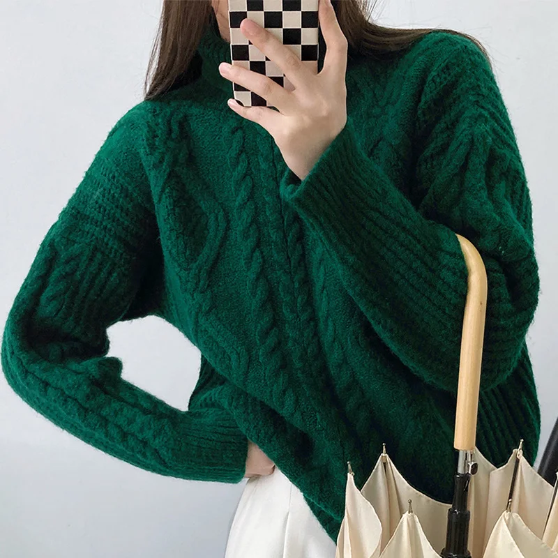 

Retro Autumn/winter Turtleneck Sweater Women 2021 New Pullover Thickened Outer Wear Twist Knit Top Casual Long Sleeve Sweater