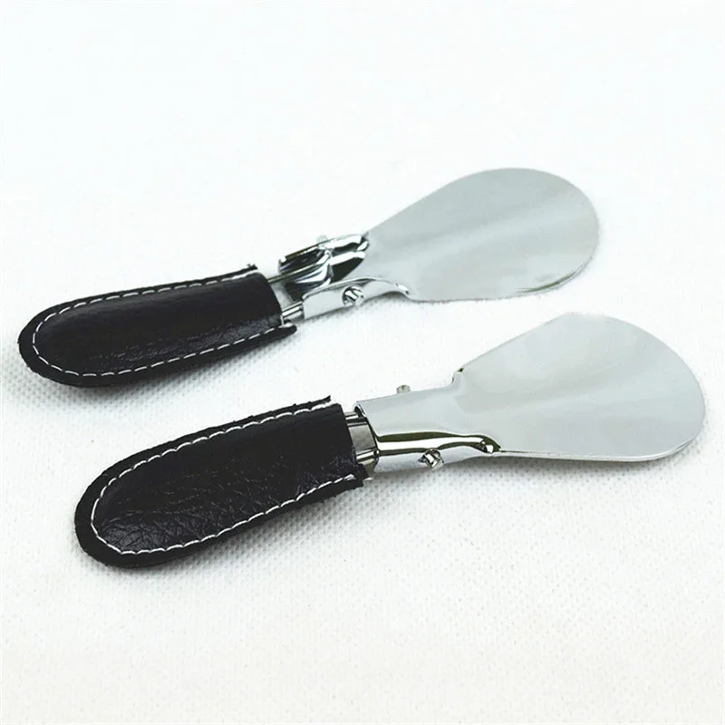 Easy Carry Black Folding Shoehorn Metal Durable With Stainless Steel Faux Leather Portable Fashion Mini Shoe Horns Accessories