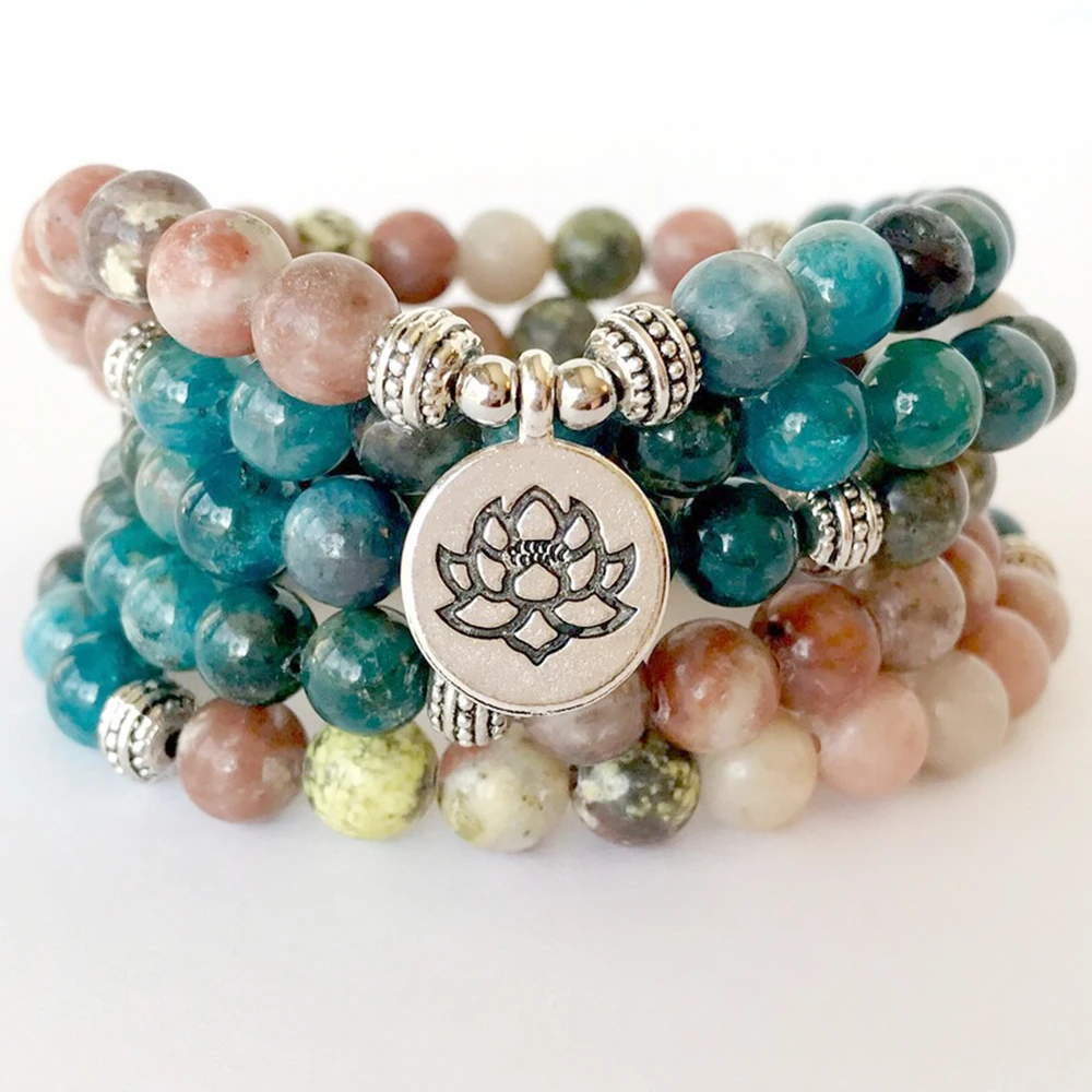 MG1349 New Design Apatite Rhodonite Mala Bracelet Lotus Charm Yoga Mala Wrap Bracelet Meditation Spiritual Yoga Jewelry