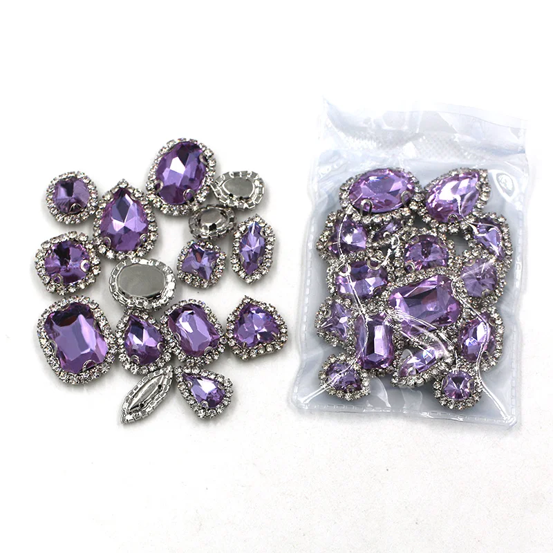 Hot sale violet mixed shape glass strass flatback sew on crystal button rhinestones for clothing/wedding decoration