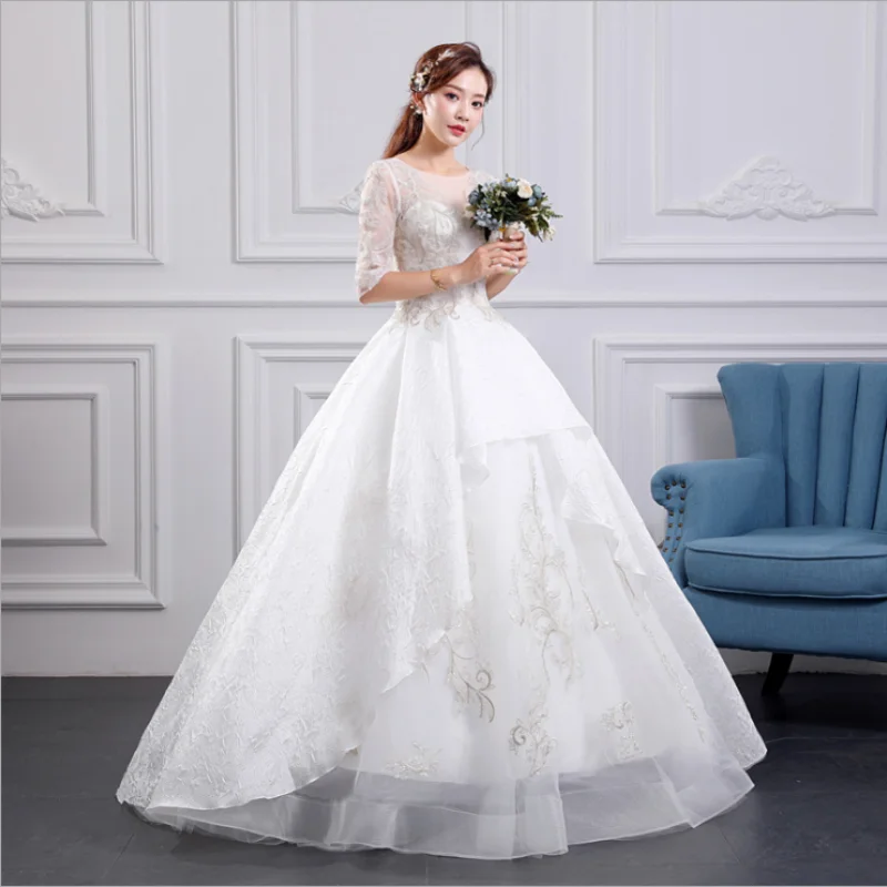 

Lovely wedding dress boat neck half-Sleeves net Applique Layered Ruche A-Line lace up Bridal Ball Gown