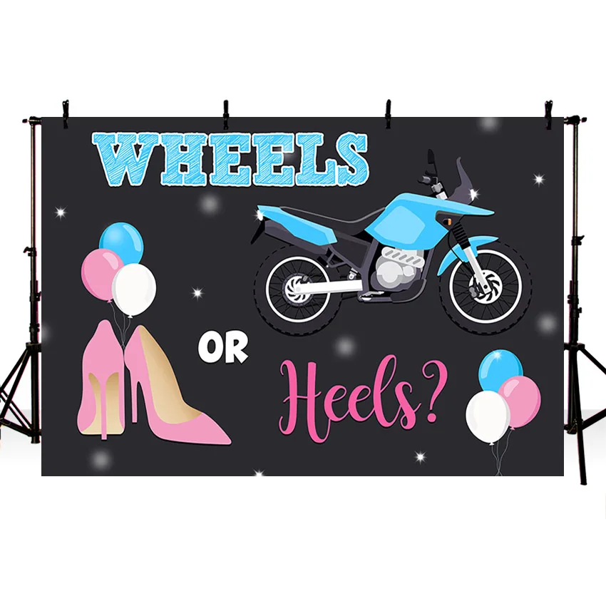 Gender Reveal Party Backdrops Baby Shower Wheels Or Heels Pink Blue Boy Or Girl Balloon Photography Background Props Photophone