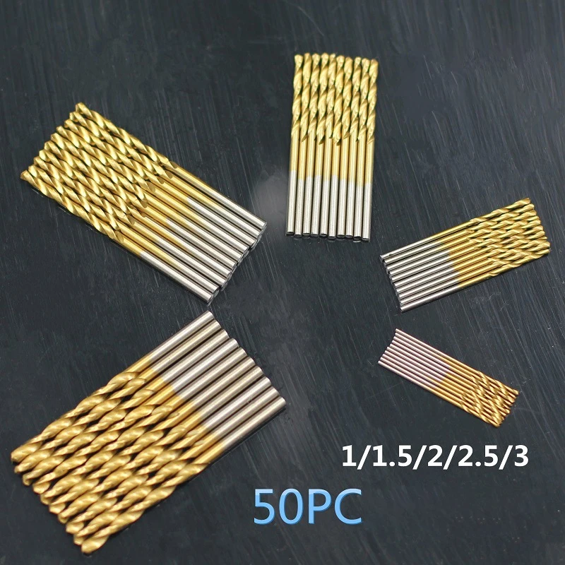 Broca de acero de alta velocidad, vástago recto, Herramientas Eléctricas chapadas en titanio, accesorios de calidad fina con revestimiento de titanio, 50 Uds.