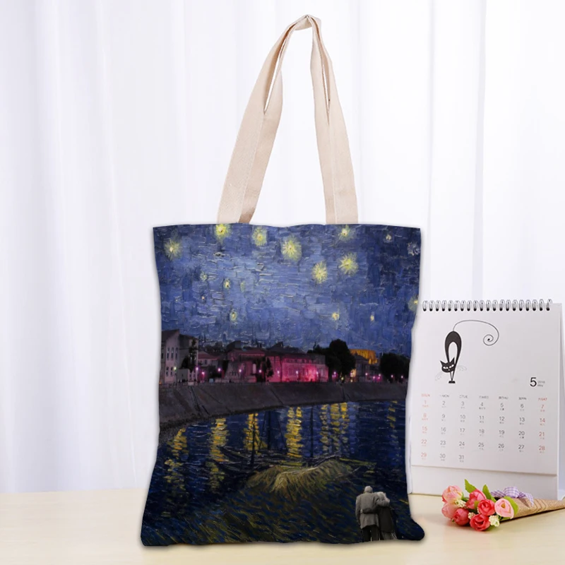 Van Gogh The Starry Night Tote Bag Canvas Fabric Bags Eco Reusable Shopping Bags Traveling Beach Casual Useful Shoulder Bag