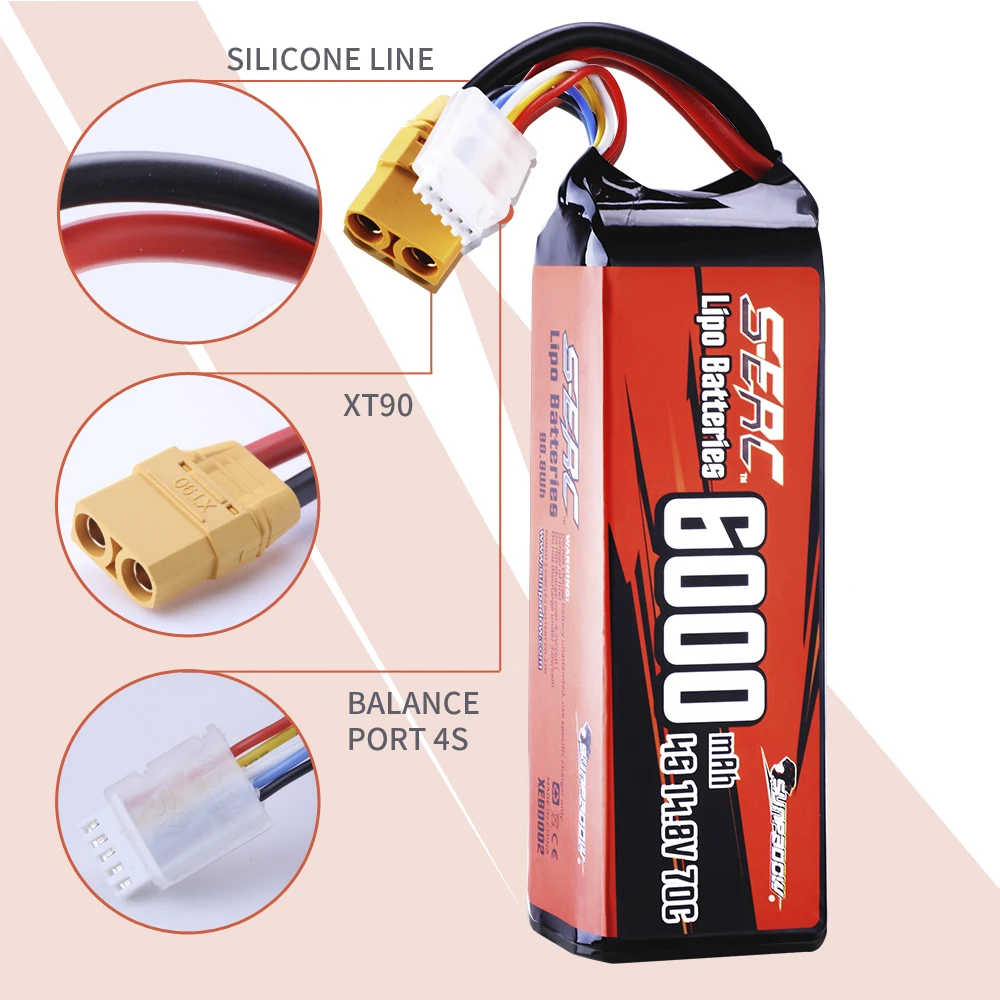 Sunpadow 4S Lipo Battery for 6000mAh 7300Ah 70C 14.8V with XT90 Plug Connector For RC Car Truck Tank Truggy Vehicle Buggy Hobby