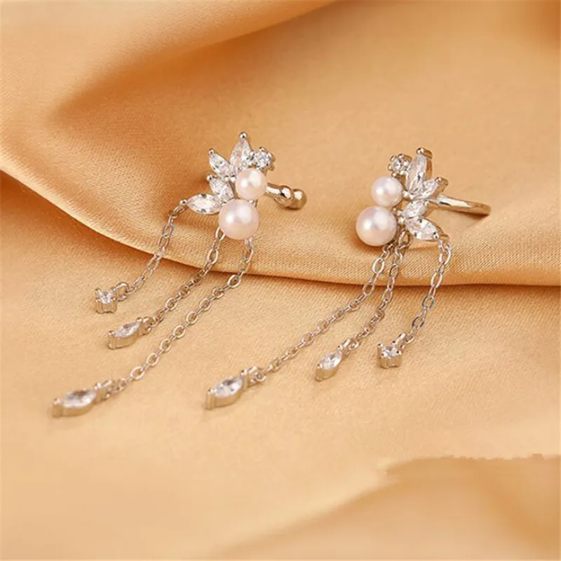 1 Pcs 925 Sterling Silver No-piecing Zircon Tassel Bead Pearl Clip Earring For Women Girl Ear Cuff Jewelry Brincos Bijoux Femme