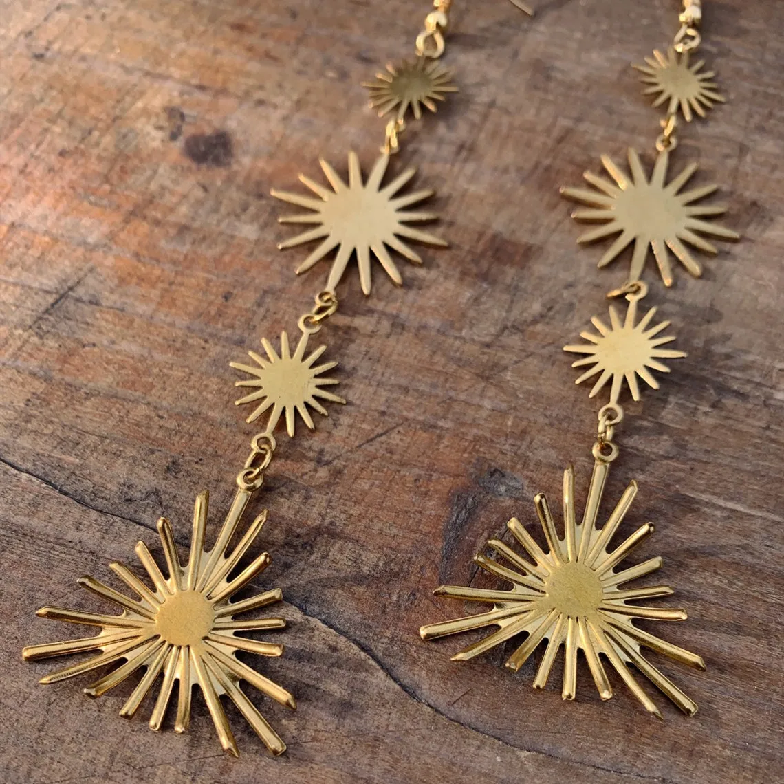 New Long Star Sunburst Golden Brass Earrings Hypoallergenic