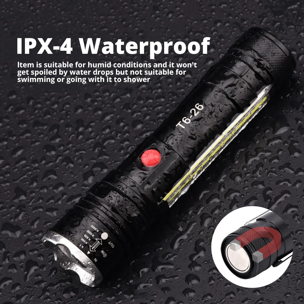 Powerful T6 LED Flashlight COB Work Light with Magnet USB Tactical Torch 4 Modes Waterproof Fishing Lantern 18650 Zoom Lamp