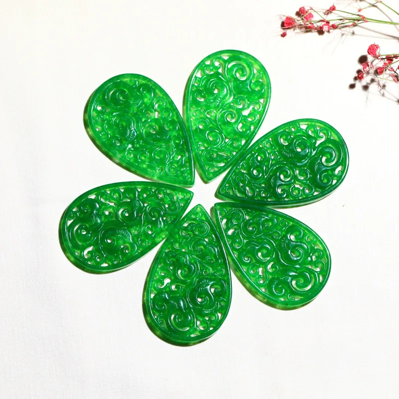 Natural green jadeite hollow out  temperament DIY real jade pendant earring jade accessories septa scattered beads for women