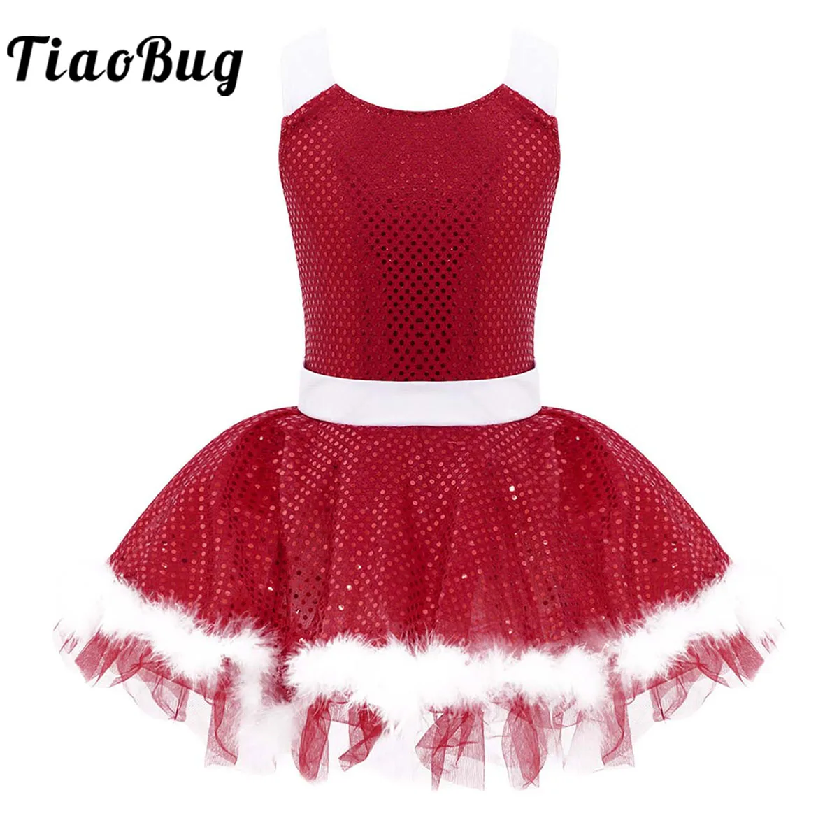 Sequins Christmas Tutu Dress Kids Girls Red Sleeveless Santa Claus Costume Xmas Holiday Figure Ice Skating Leotard Dancewear