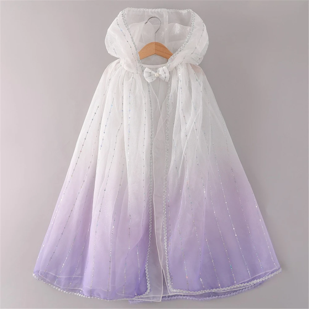 2-10Y Girls Elsa Anna Aurora Rapunzel Princess Cloak Children Halloween Fancy Fairy Costume Rainbow Squines Tulle Hooded Cape