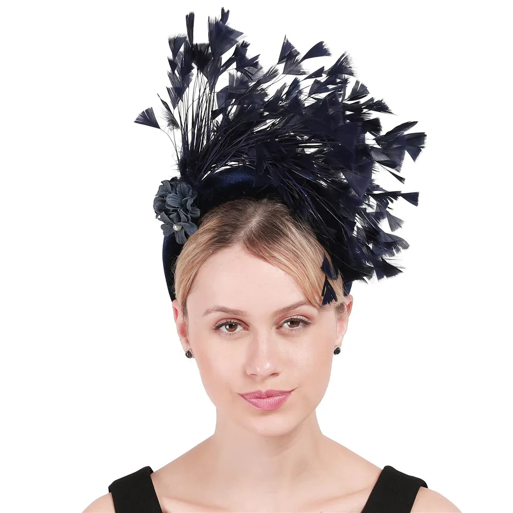 Feather Fascinator Princess Cocktail Thick Headbands New Navy Women Gorgeous Headwear with Brooch Decor Fashion Hair Accessories