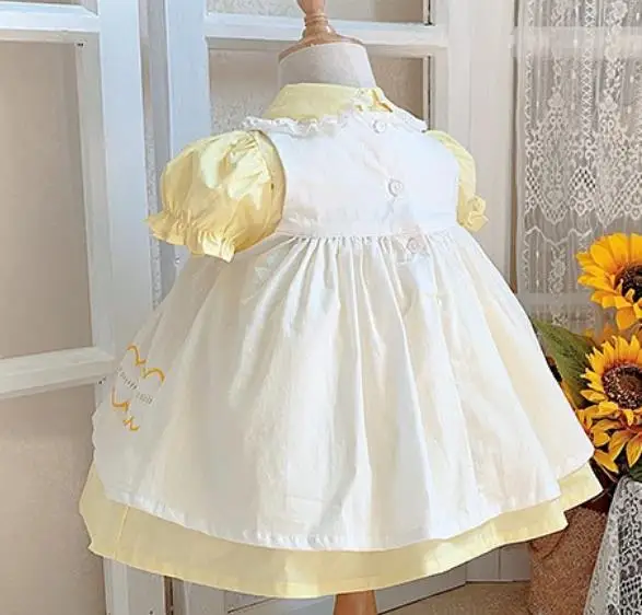 Baby girl vintage summer Spanish cute layered princess dress kids peter pan collar lace stitching party dress