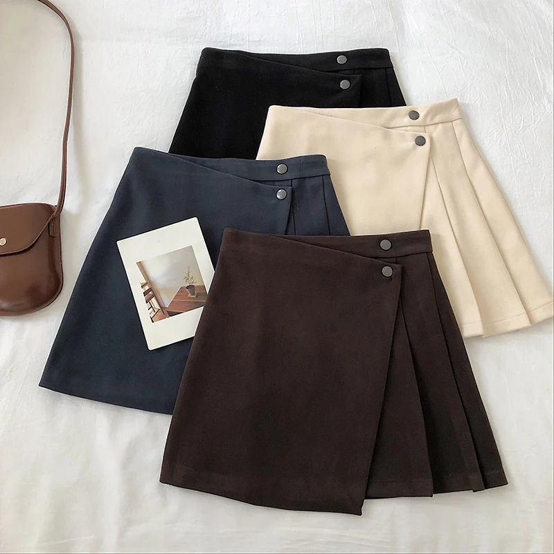 

Korean Women Casual Solid A-Line Skirt Vintage Female High Waist Kawaii Button Skirts Ladies Summer Cute Sweet Above Knee Skirts