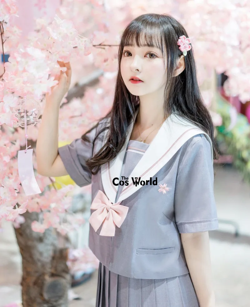 [Mount Sakura] Gray Summer Navy Sailor Suit Tops Skirts JK High School Uniform Class Uniform Students Cloth