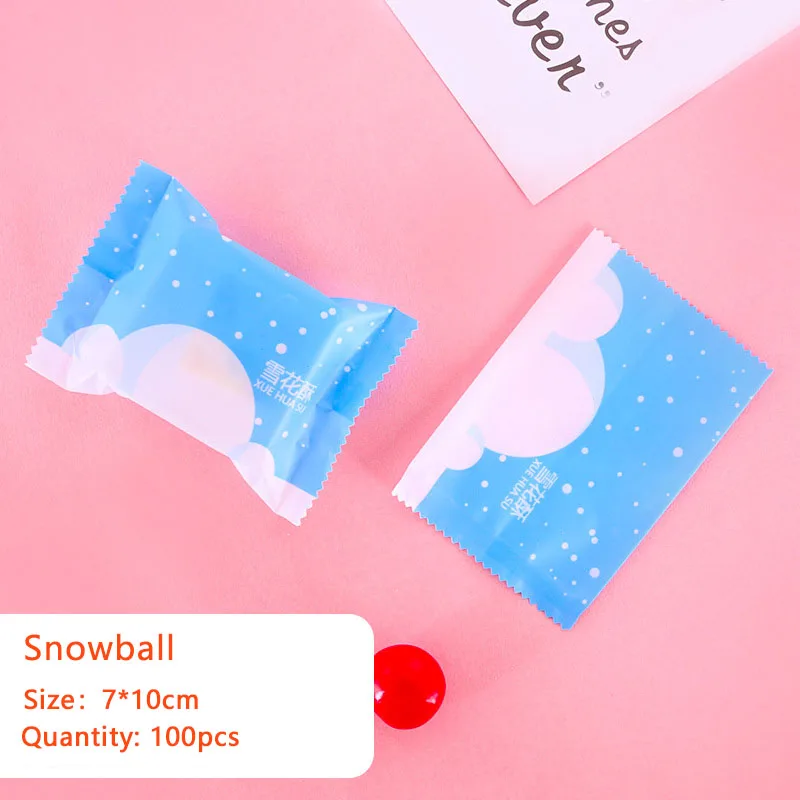 100pcs/lot Blue Frosted Snowflake Crispy Nougat Gift Goodie Bags White Snowflakes Falling Snow House Snack Food Packaging Bag