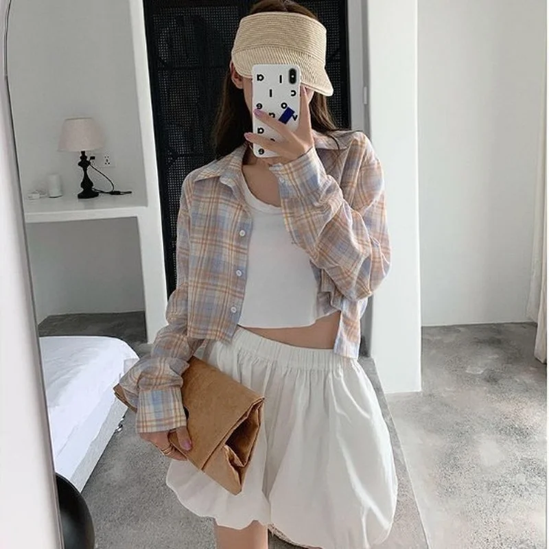 Shirts Women Cropped Ladies Tops Leisure Plaid Design Minimalist Lovely Korean Version Daily Newest Popular Trendy Cozy Soft Ins