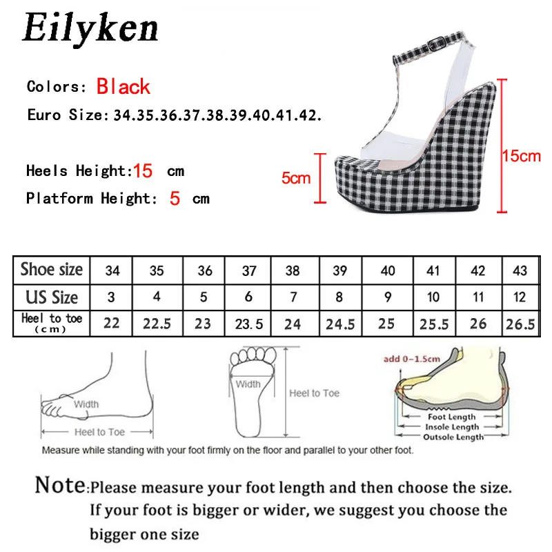 Eilyken Fashion Gingham Thick Bottoms Wedge Women Sandals Ankle Buckle Strap Platform High Heels PVC Transparent Female Shoes