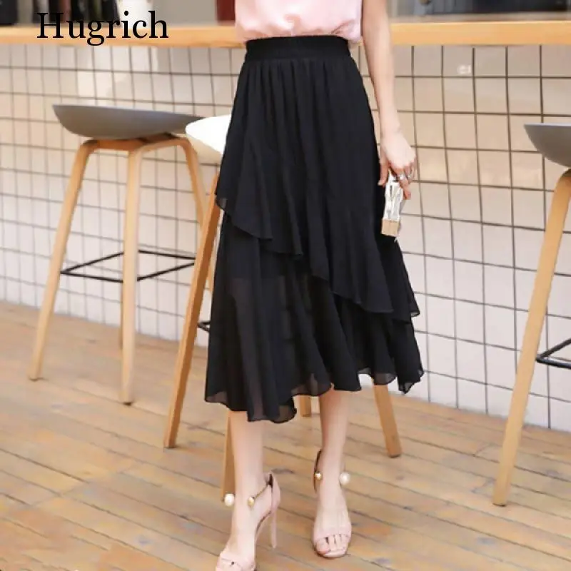 Summer New Fashion Trend Chiffon Skirt Pleated Skirt Irregular Skirt Mid Length A-line Skirt  2020