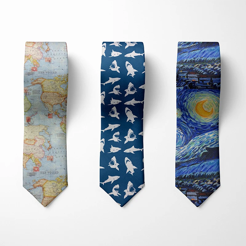 New Oil Painting Animal Map Tie For Men 8cm Wide Polyester High Quality Shirt Accessories Lightning Print Fashion Men's Neck Tie