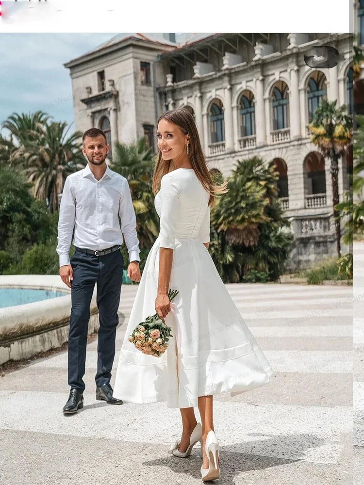 Vestido De novia De gasa con cuello en V para mujer, vestido De novia De manga larga, corto y sencillo, hecho a medida, a la altura De la rodilla, barato