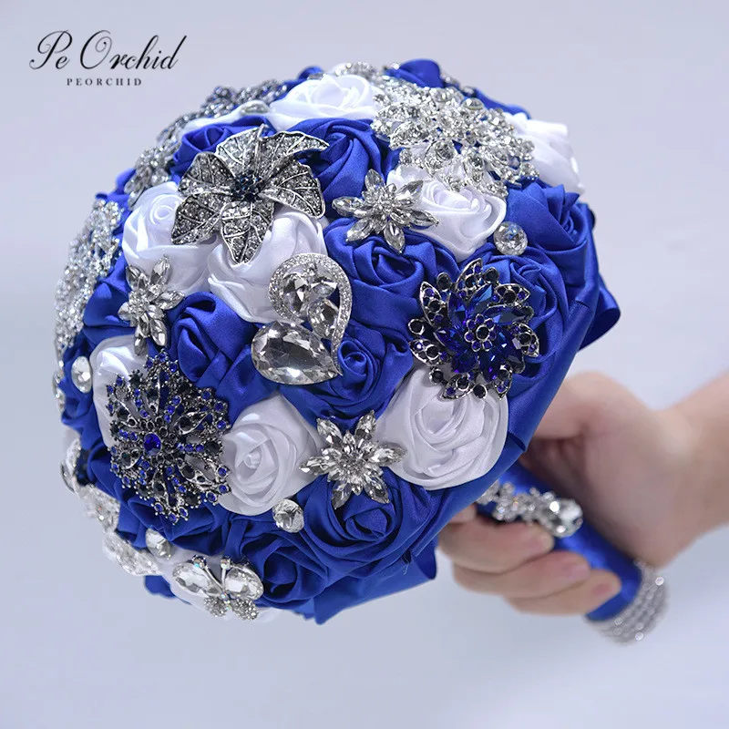 Bouquets De mariage bleu orchidée-broche, rubans en cristal, Ramos De mariage, Bouquet rouge/blanc/bleu marine