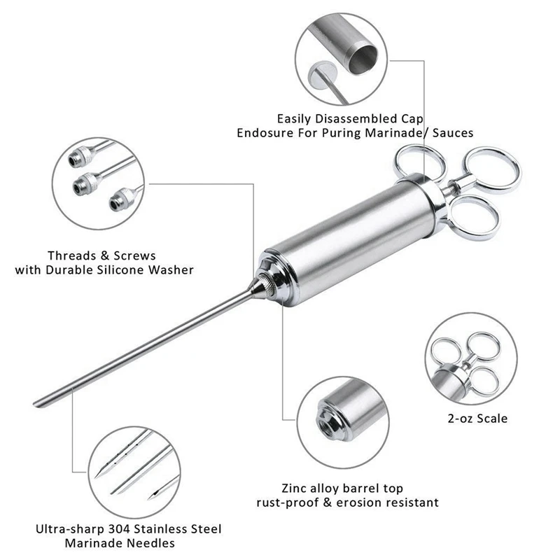 Meat Injector Syringe, 2-oz Marinade Flavor Injector 304 Stainless Steel with 3 Professional Needles,2 Cleaning Brushes