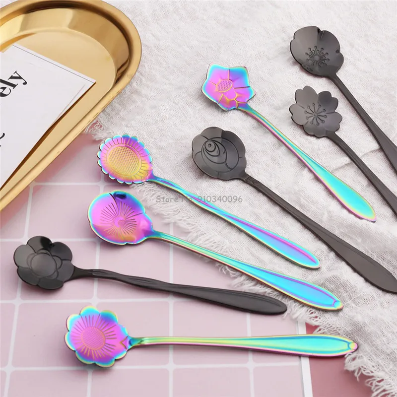 8Pcs Creative Coffee Spoon stainless steel Colorful Stirring Milk Teaspoon Dessert Ice Cream Spoon Tableware Flowers Design