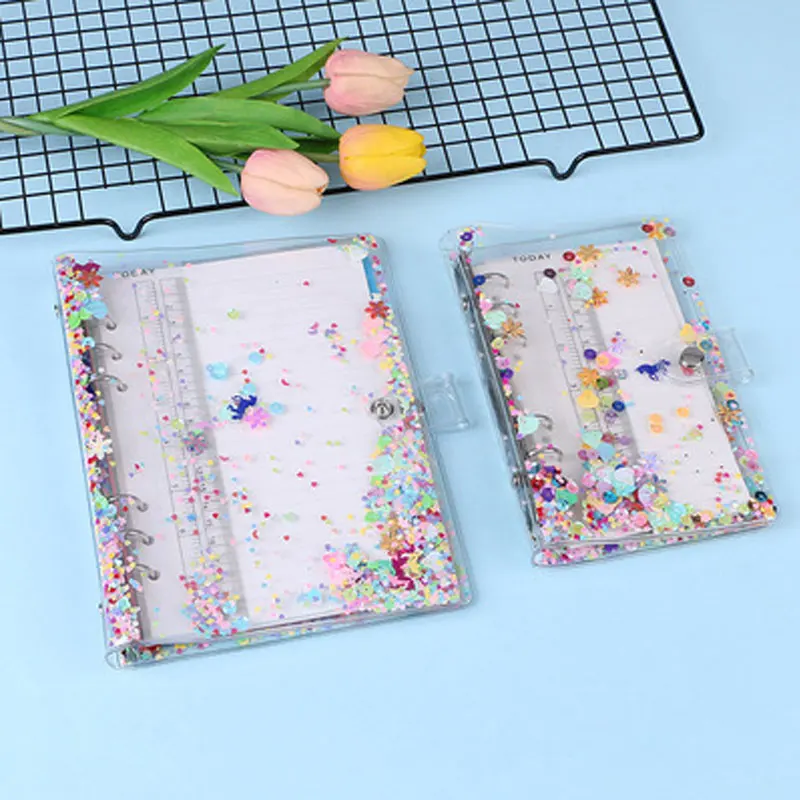 A5/A6 Cute Transparent PVC Glitter Sequins Notebook Cover Office School 6 Rings Binder Spiral Planner Agenda Organizer Notebooks