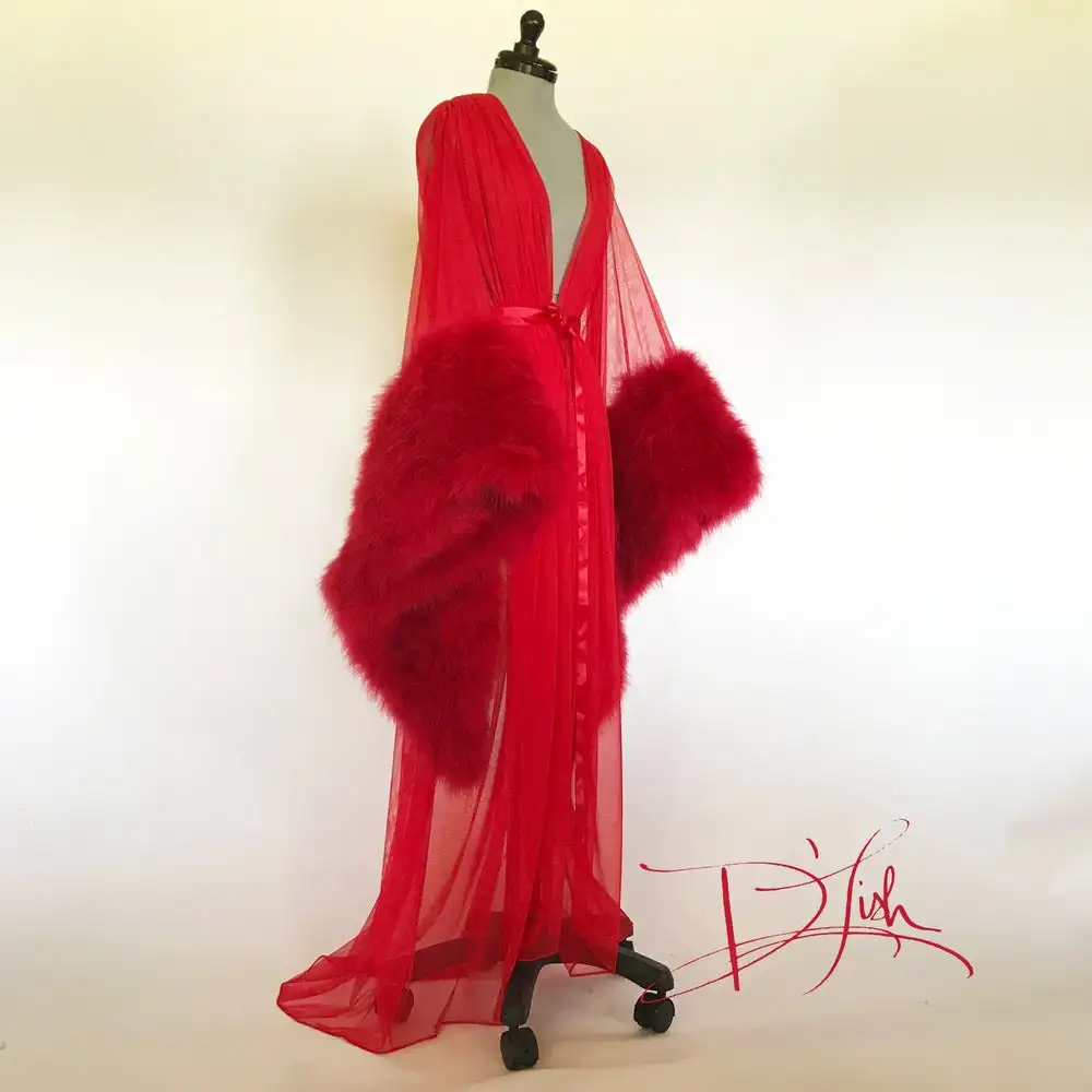 Luxury Women Red Fur Bathrobe Sleepwear Long Nightgowns  Kimono Dressing Gown Babydoll Lingerie Bath Robe Luxury Bathgowns