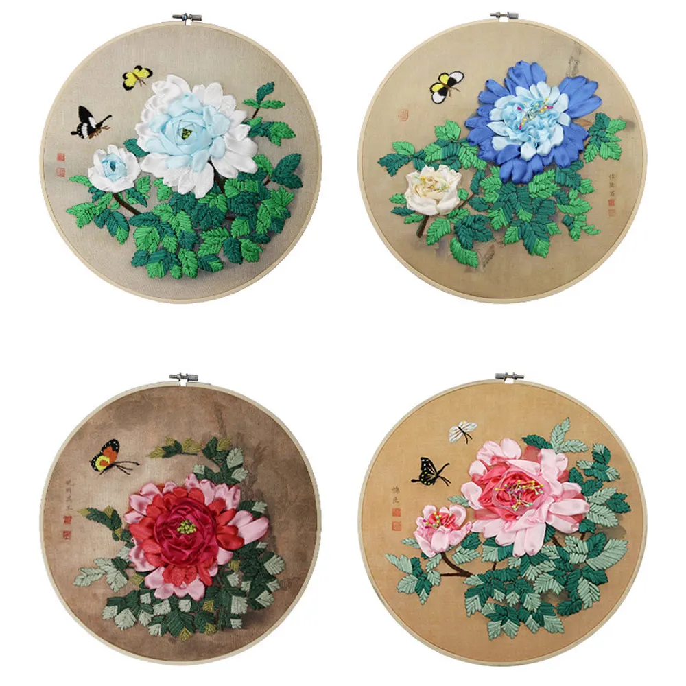 

3D Flower Floral Butterfly Beginner Hand-stitched Craft Ribbon Embroidery Kit Printed Needlework Cross Stitch Set Thread Tools