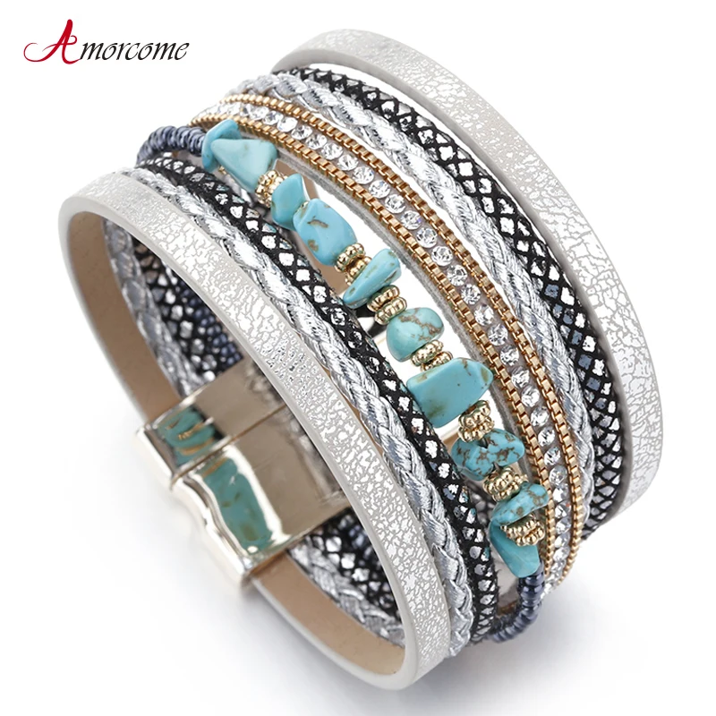 Amorcome Boho Natural Stone Leather Bracelets for Women Female Vintage Braided Rope Wide Multilayer Wrap Bracelet Men Jewelry