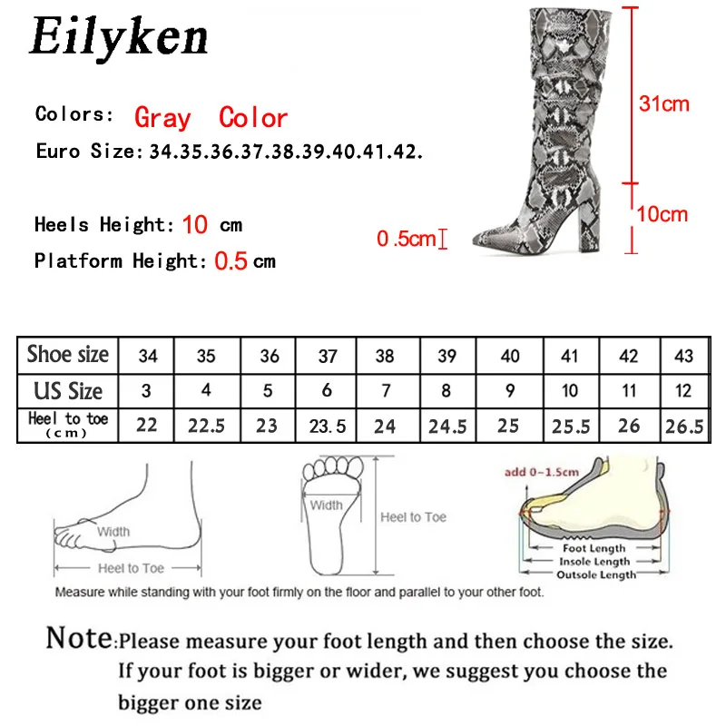 Eilyken Colorful Snake Skin Boots Women High Heels Thick Mid-calf Boot Distressed Pointed Toe Zip Pleated Slouch Shoes