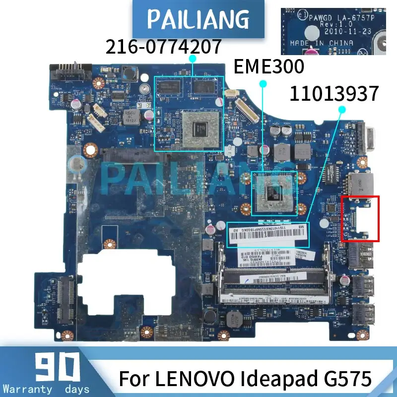 

PAILIANG Laptop motherboard For LENOVO Ideapad G575 EME300 Mainboard LA-6757P 216-0774207 DDR3 tesed