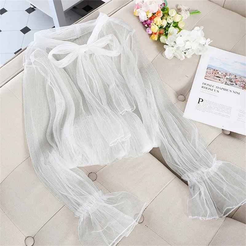 2020 New Spring Summer Women Mesh Blouse Solid Casual Tie Bow Lace Shirts Female Long Sleeve Blouses Bottoming Shirt Tops AB1825