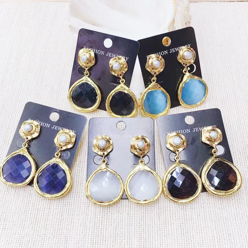 

24K Gold Plated Cat Eyes Stone Earring Drop Earring Mix Color Woman Earring Wholesale 2pairs