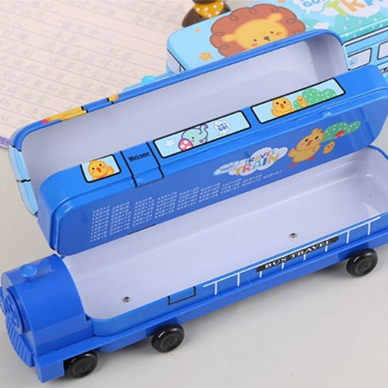 Fashion Cartoon Wheel Train Metal Pencil Box Case Make Up Pencilcase Cosmetic Children Student Office Supply Stationery Gift