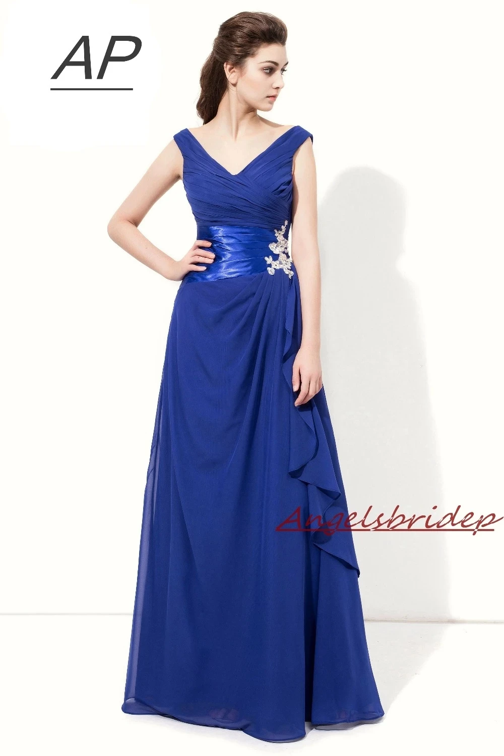 

ANGELSBRIDEP V-Neck Chiffon Blue Bridesmaid Dress A Line Full-Length Long Robe Demoiselle D'honneur Women Gowns Celebrity Dress