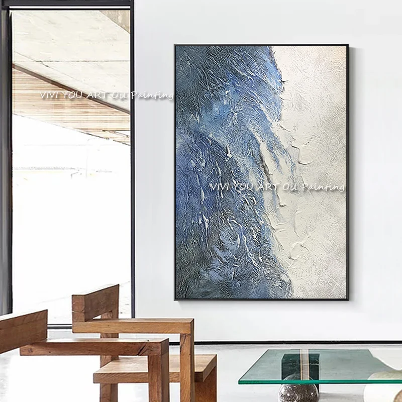 

Large Size Handmade Blue Grey Abstract Oil Painting Canvas 100% Hand painting Wall Art for Living Room Home Caudros Decoration