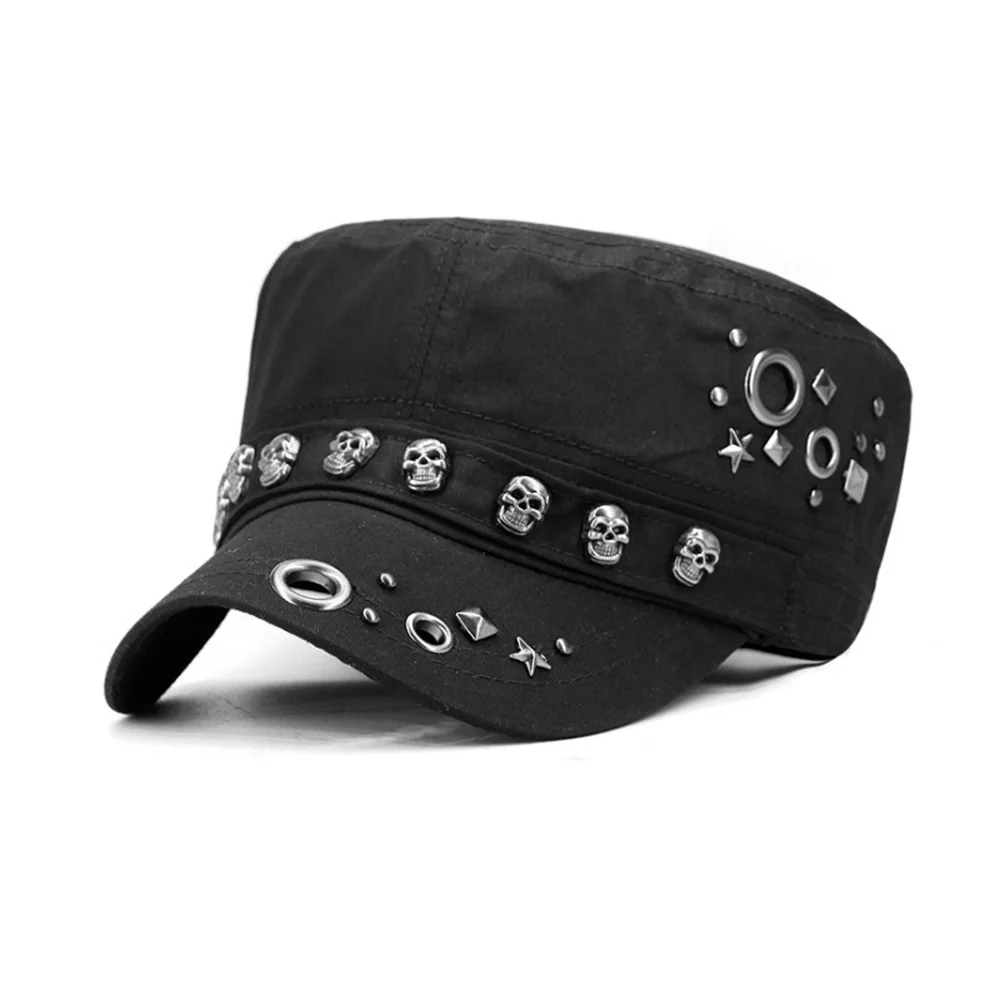 Adult Hip Hop Punk Rock Skull Rivet Flat Peaked Hats Men Spring And Autumn Fitted Baseball Caps