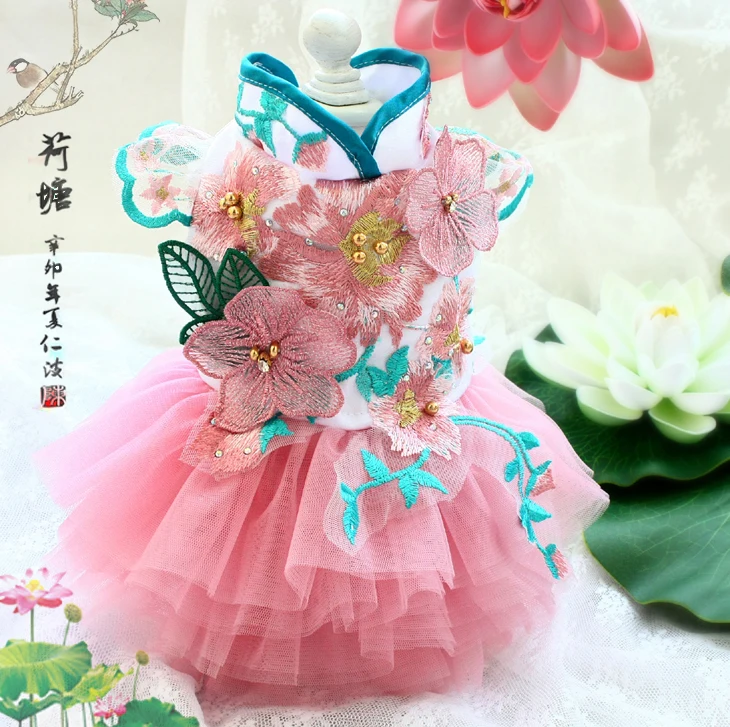 Free Shipping ZLOVEPET Handmade Dog Clothes Peony Pavilion Light Silk Embroidery Pet Tutu Dresses Cats Lady Teacup Yorkie Poodle