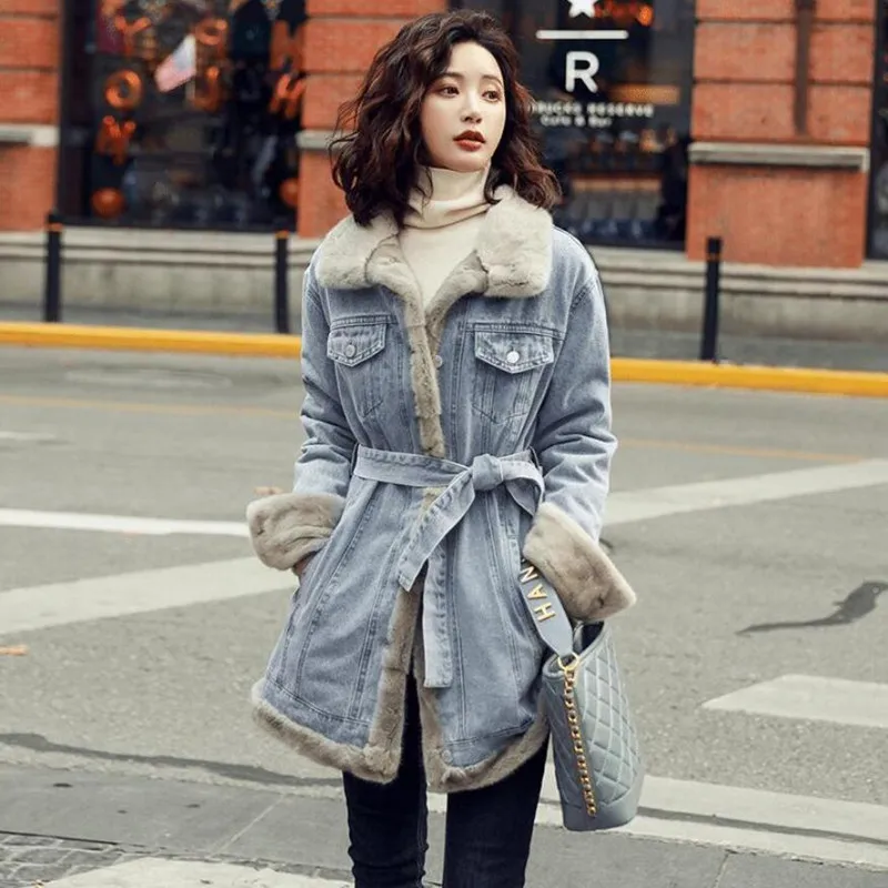 

Fleece-lined Thickened Denim Coat Women New Winter Korean Style Fashion Waist Slimming Mid-length Jean Outwear s1793