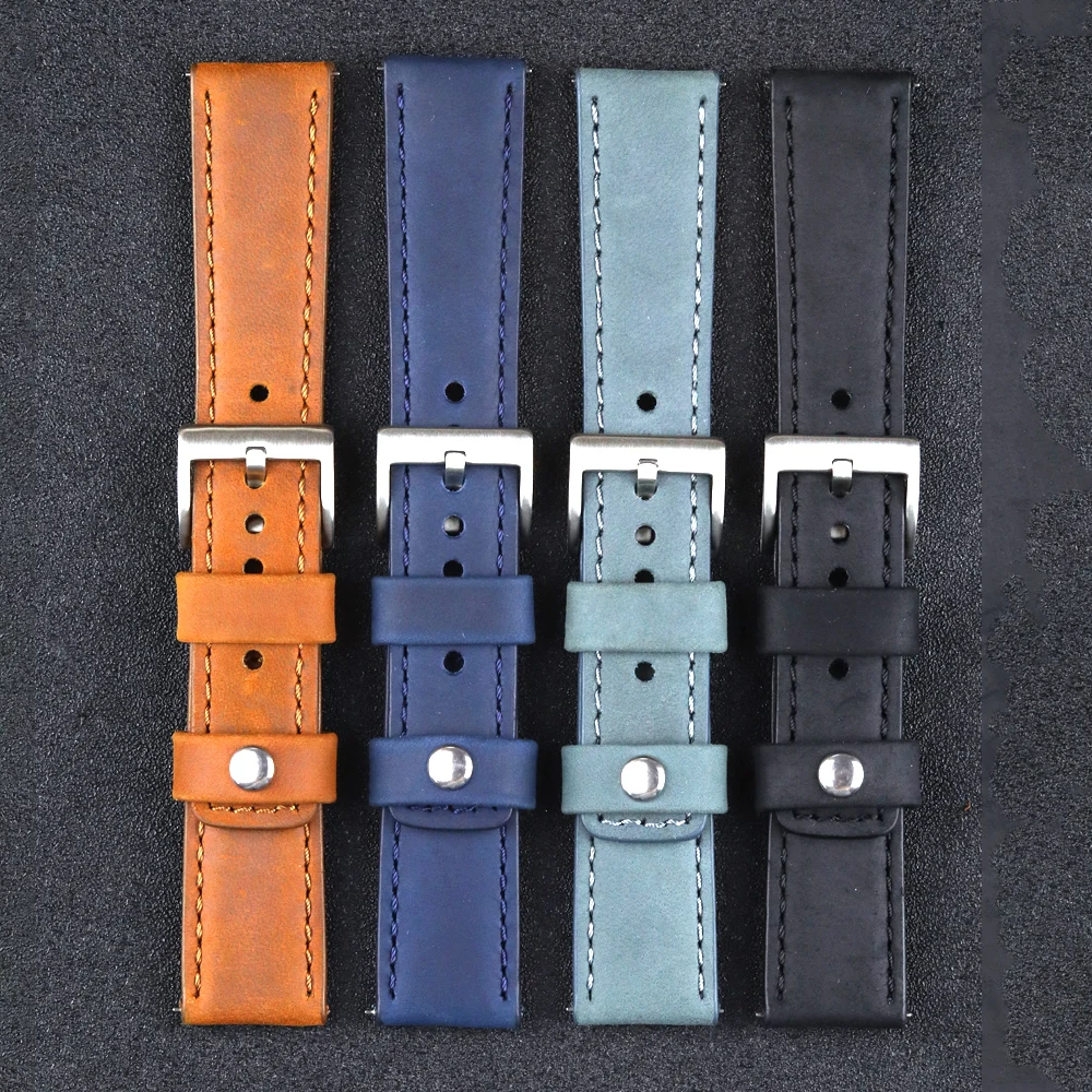 Crazy Horse Skin Watch Strap Loop Locking Feature 20mm 22mm Leather Watch Band Brown Gray Quick Release Replacement Belt