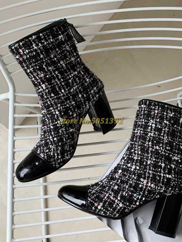 

Newest Lattice Patchwork Boots Round Toe Block Heel Zipper Stylish Shoes Women Dress Luxury Designer Knight Boots