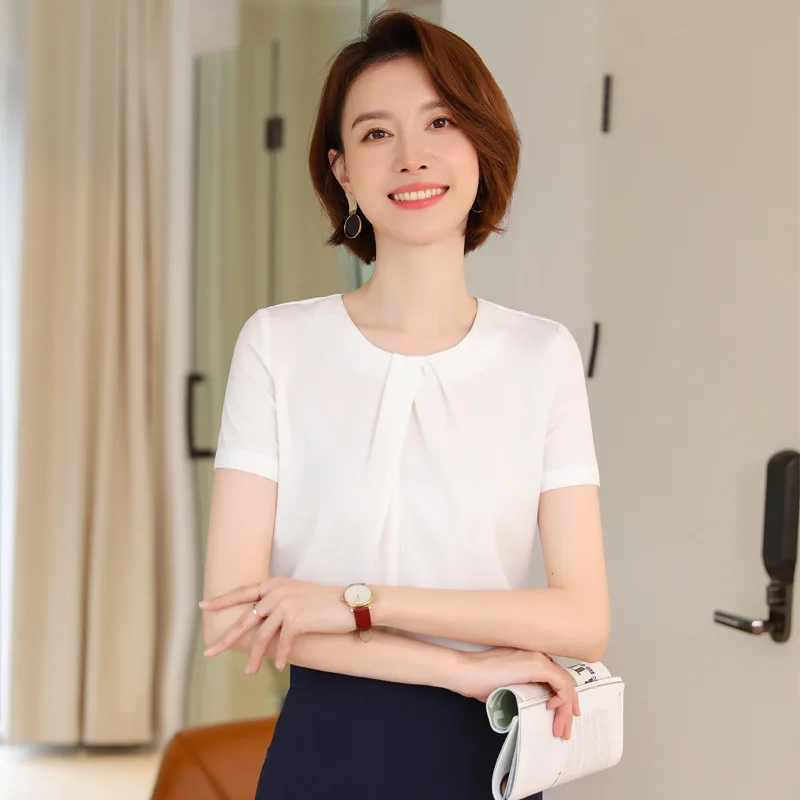 Navy Blue Shirt Women Short Sleeve 2022 Summer New Temperament Fashion Design O Neck Chiffon Blouses Office Ladies Work Tops