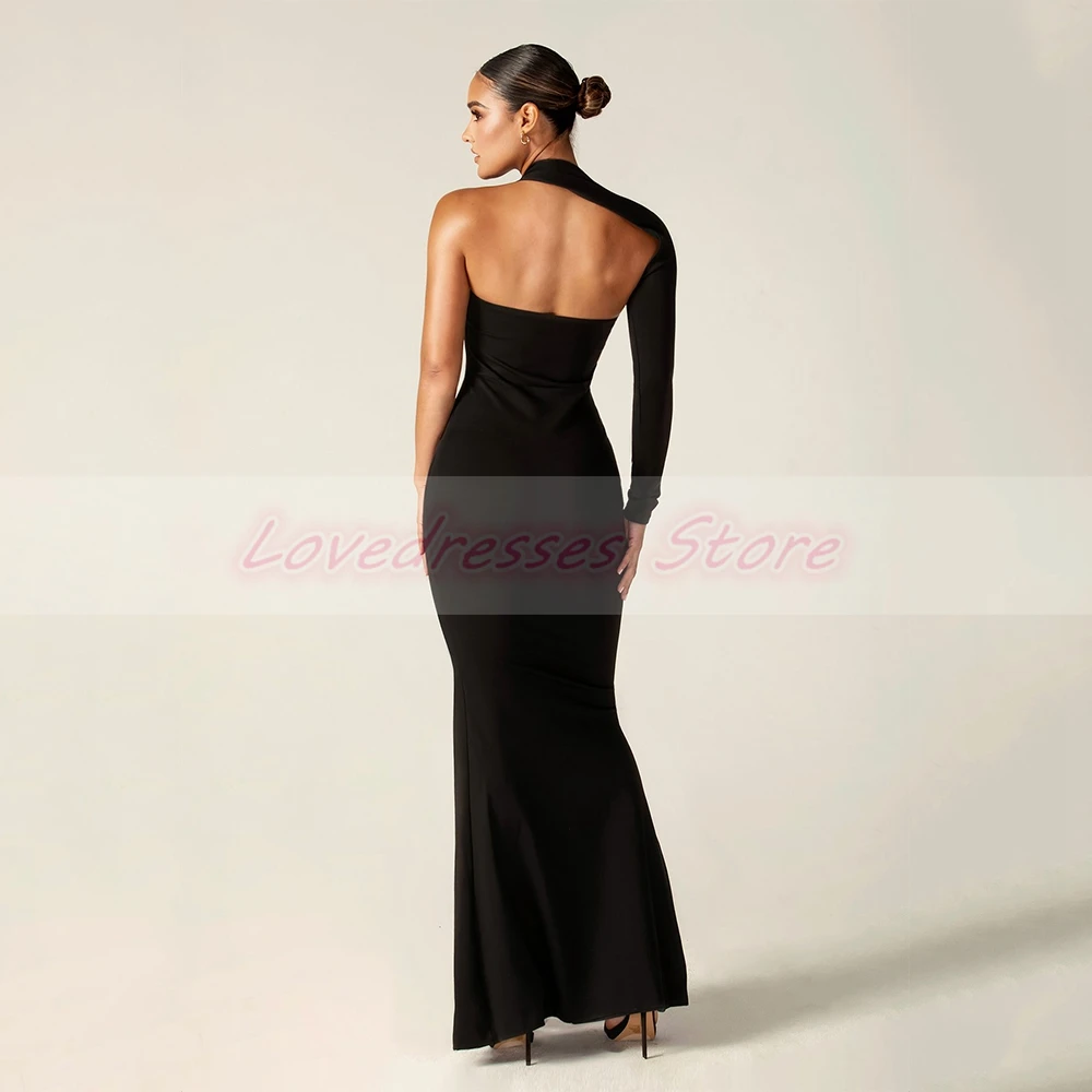 Customized Fashion One Shoulder High Side Full Sleeve Evening Dresses for Dinner Party Black Sheath Floor-Length Sexy Open Back 