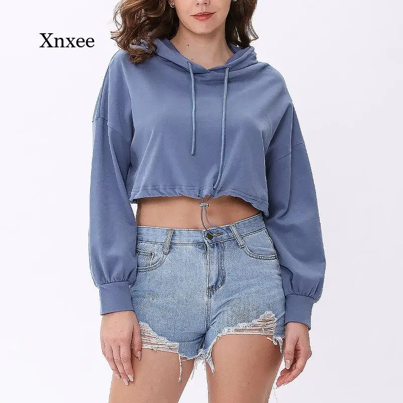 Crop Hoodies Sweatshirt Women Casual Long Sleeve Drawstring Harajuku Tops Thin Cropped Pullover Drawstring Female Clothing