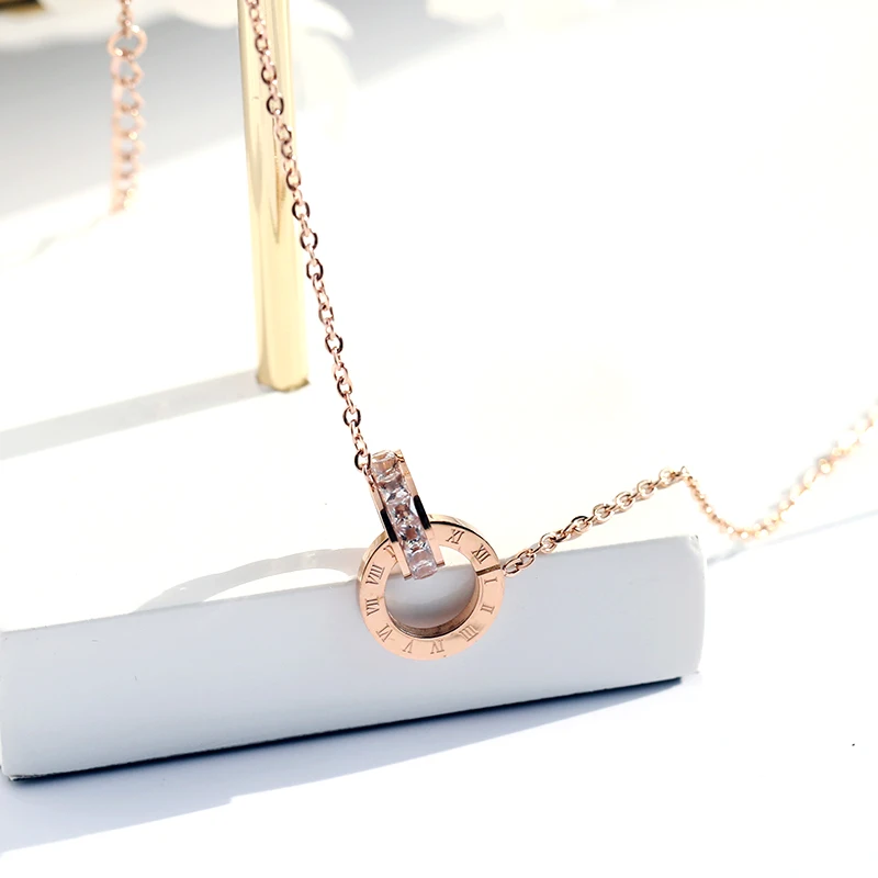 YUN RUO Rose Gold Silver Color Roman Numerals Zircon Necklace Woman 316L Titanium Steel Fashion Jewelry Never Fade Drop Shipping